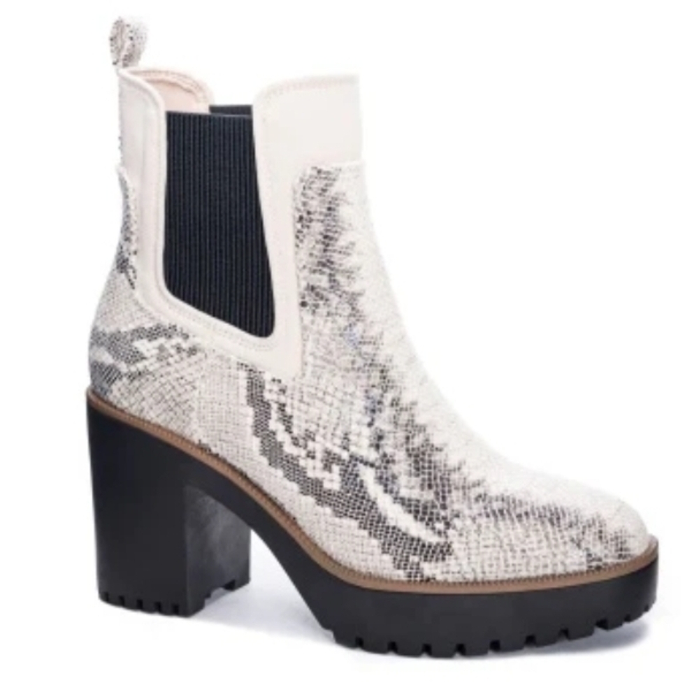 Chinese Laundry Black and Gray Snake Print Heeled Boots